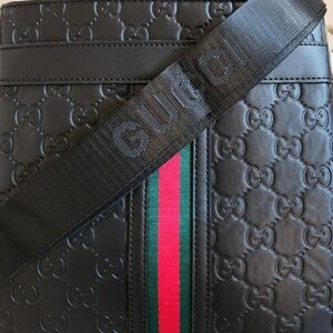 Gucci Black Embossed Messenger Bag with Red and Green Stripe